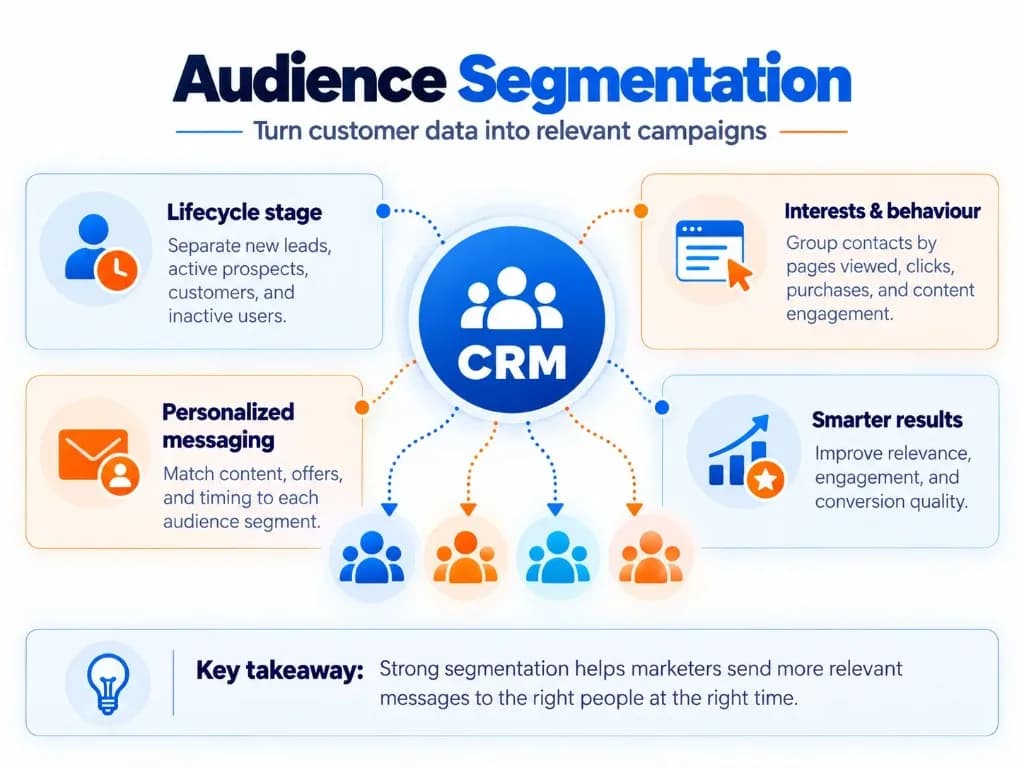 CRM audience segmentation infographic showing how customer lifecycle stages, interests, and behavior help marketers deliver personalized campaigns.