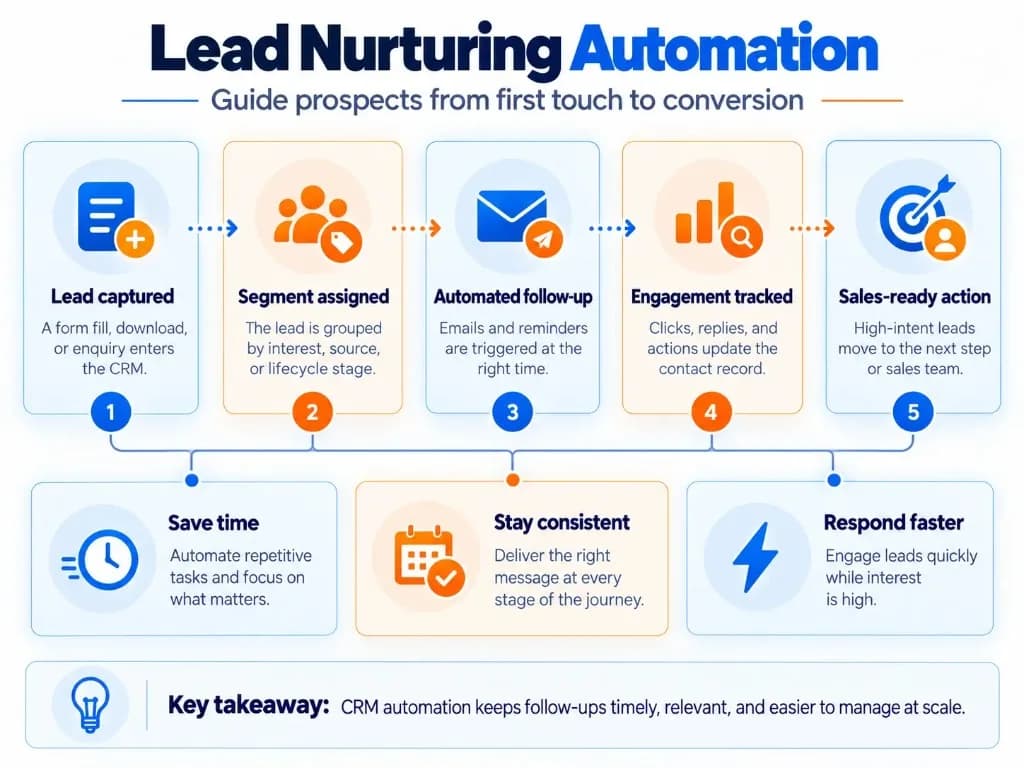 Five-step CRM lead nurturing automation workflow showing lead capture, audience segmentation, automated follow-ups, engagement tracking, and sales-ready leads.