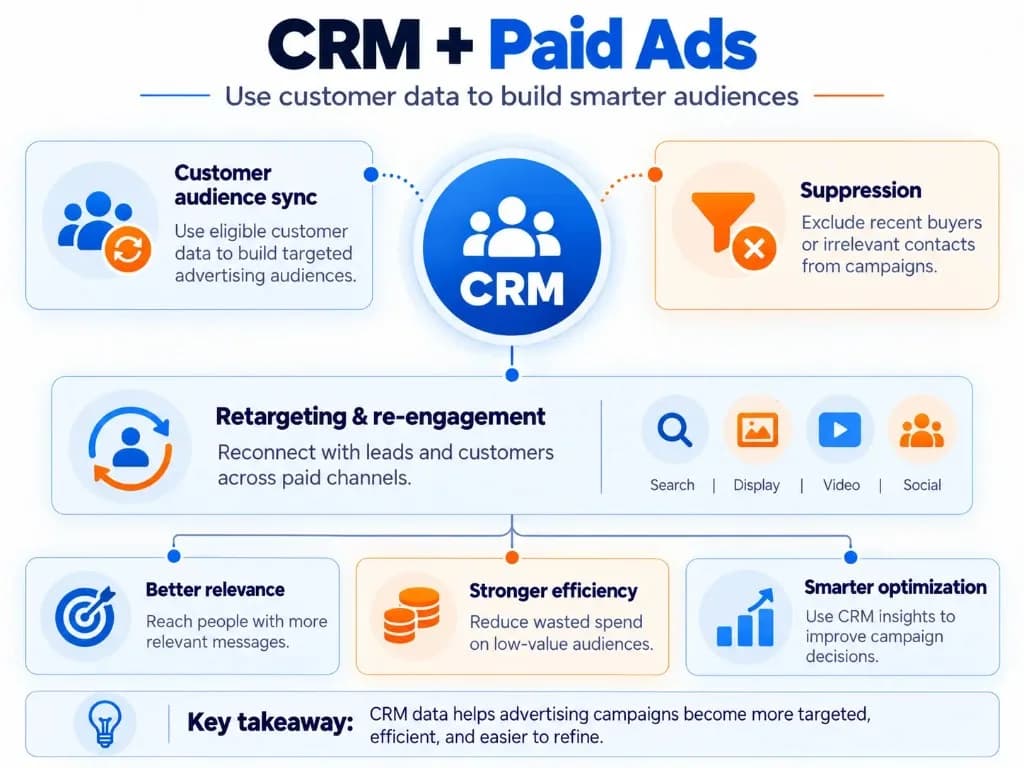 CRM paid advertising infographic illustrating customer audience synchronization, retargeting, customer exclusions, and campaign optimization across digital channels.