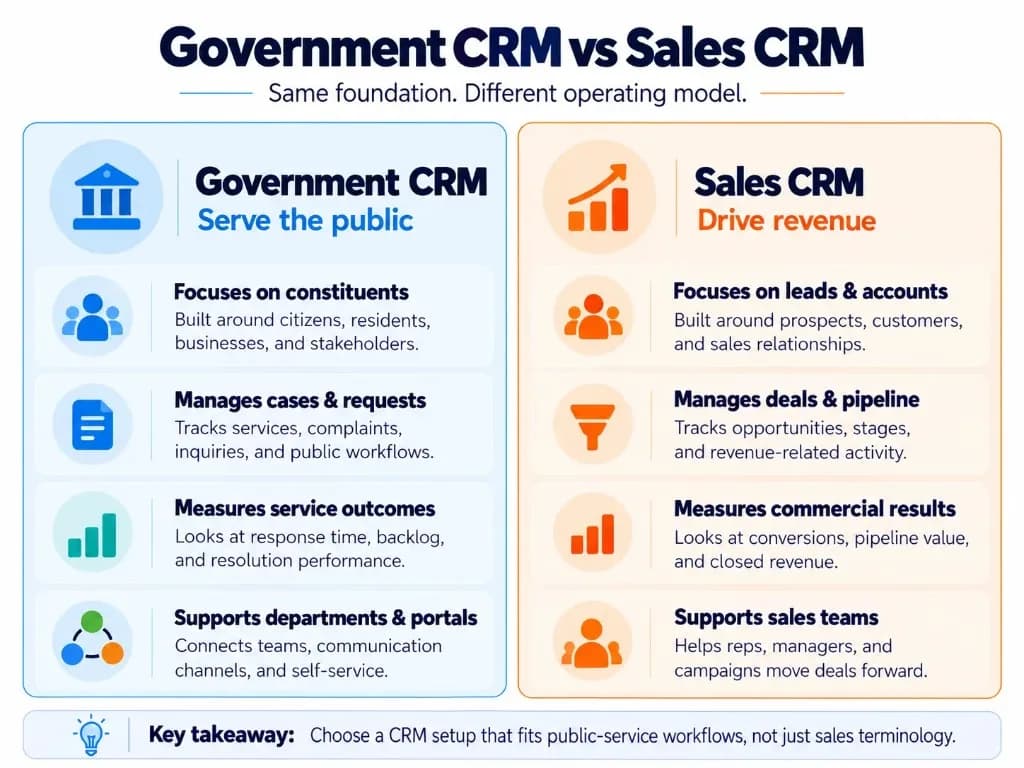 Government CRM vs sales CRM comparison showing public service workflows versus sales and revenue management