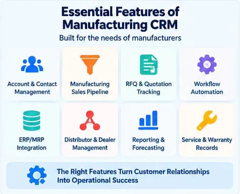 Essential manufacturing CRM features including account management, RFQ tracking, ERP integration, automation, reporting, and service records