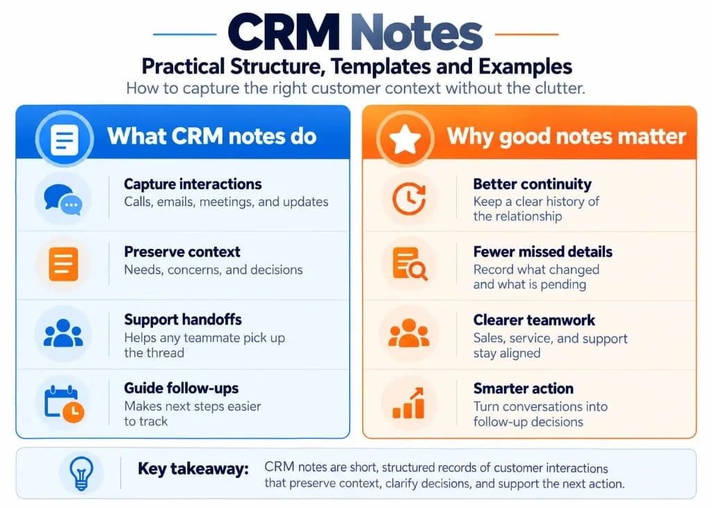 Infographic explaining what CRM notes are and how they capture customer interactions, preserve context, support teamwork, and improve follow-ups.