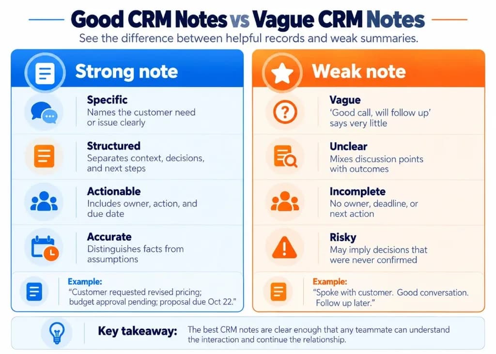 Side-by-side comparison of good and bad CRM notes highlighting clear customer context, structured information, actionable next steps, and common documentation mistakes.