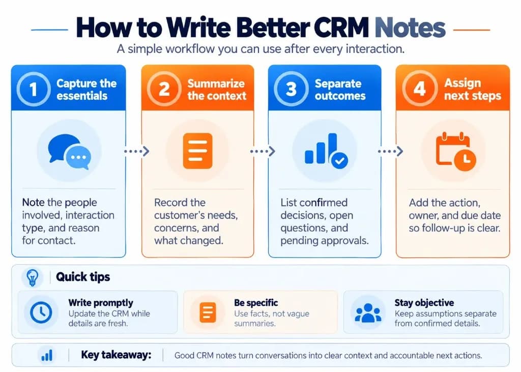 Four-step process for writing effective CRM notes: capture interaction details, summarize customer context, separate outcomes, and assign follow-up actions.