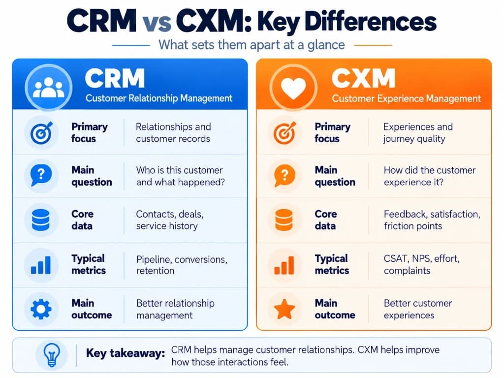 CRM vs CXM key differences comparison showing primary focus, customer data, performance metrics, business goals, and outcomes.