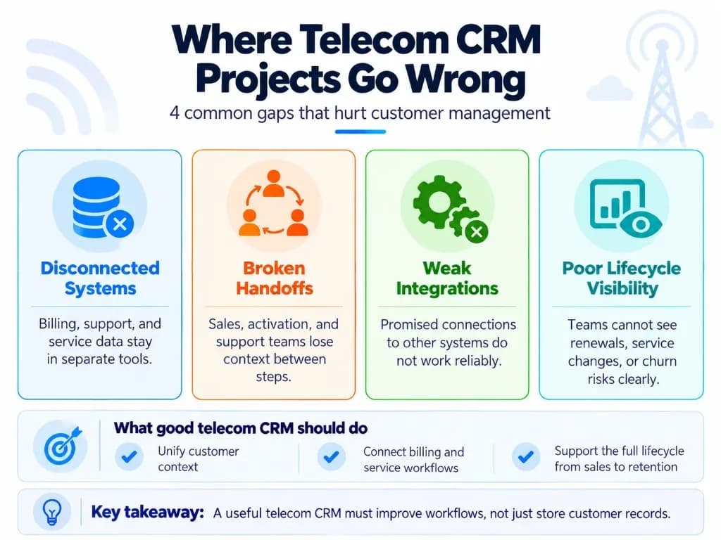 Common Telecom CRM project challenges including disconnected systems, broken handoffs, weak integrations, and poor lifecycle visibility