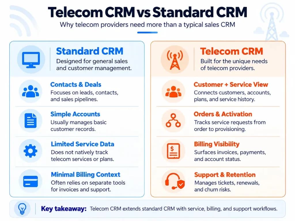 Telecom CRM vs standard CRM comparison showing customer, billing, orders, activation, and support capabilities