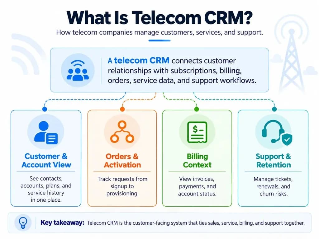 What is Telecom CRM and how it connects customer accounts, orders, billing, support, and retention