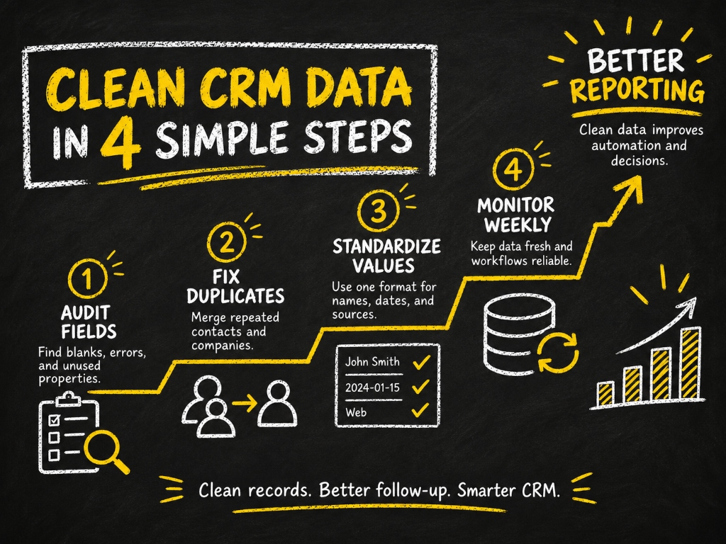 Four steps to clean CRM data by auditing fields fixing duplicates standardizing values and monitoring data quality