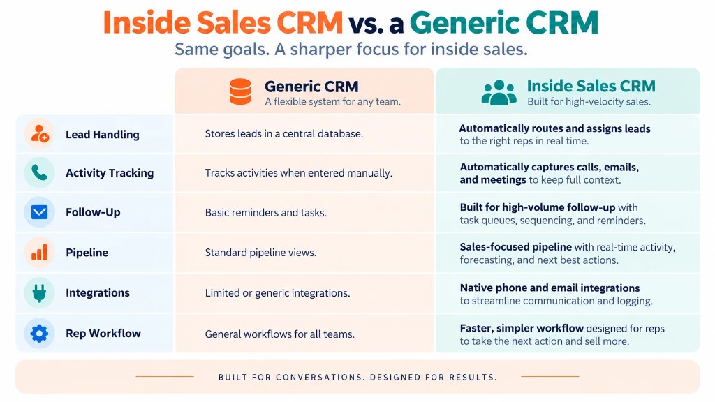 Comparison infographic showing the differences between an inside sales CRM and a generic CRM across lead handling, activity tracking, follow-up, pipeline, integrations, and rep workflow.
