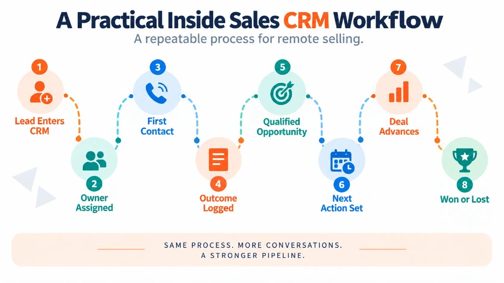Workflow infographic showing the inside sales CRM process from lead entry and owner assignment to first contact, qualified opportunity, next action, deal advancement, and won or lost outcome.