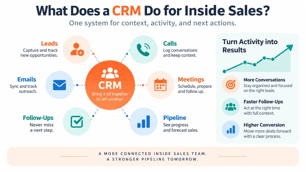 Infographic showing what a CRM does for inside sales, including leads, calls, emails, meetings, follow-ups, pipeline tracking, and better conversions.