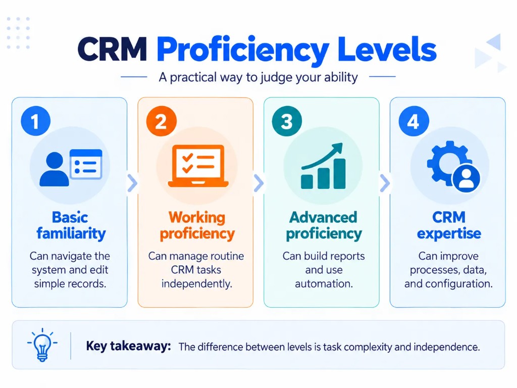 CRM proficiency levels from basic familiarity and working proficiency to advanced proficiency and CRM expertise