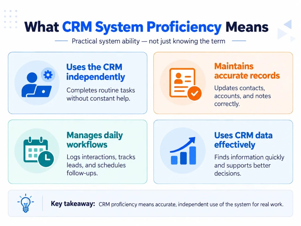 What CRM system proficiency means, including independent CRM use, accurate records, daily workflows, and effective use of customer data